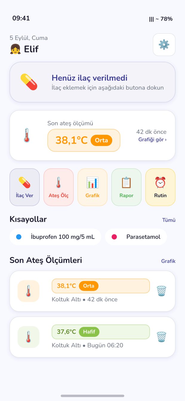 Sağlık Takip ana ekranı: son ilaç, sonraki doz zamanı ve ateş ölçümleri